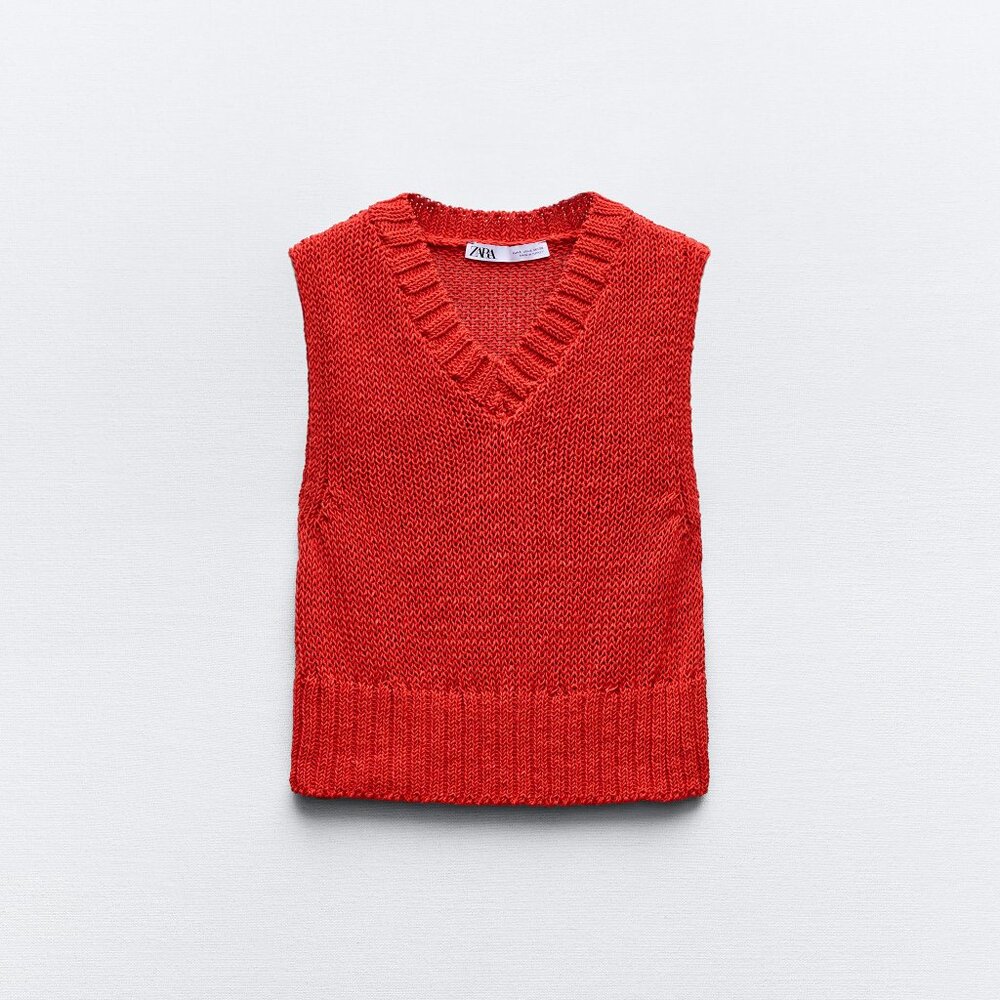 NWT ZARA PLAIN CROPPED KNIT TOP RED